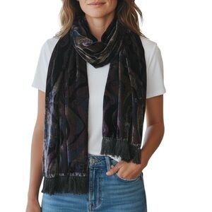 Scarf Velvet Silk Fringe Abstract Print Vintage